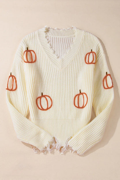 Raw Hem Pumpkin V-Neck Long Sleeve Sweater - Beige