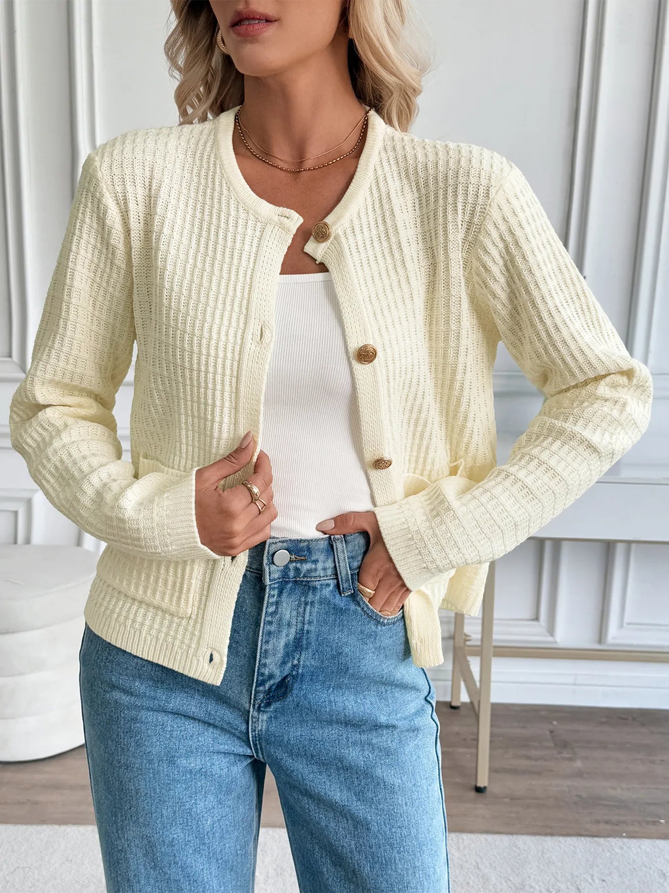 Button-Up Long Sleeve Cardigan - Off White