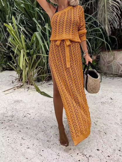 Slit Openwork Single Shoulder Knit Cover-Up Dress