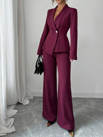 One Button Blazer and Pants Set - Burgundy