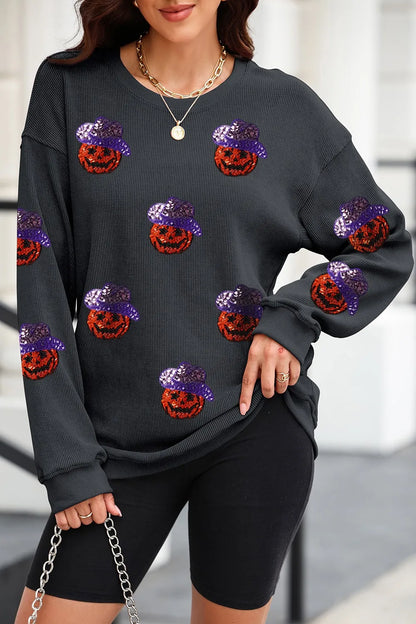 Sequin Pumpkin Long Sleeve Sweatshirt - Black