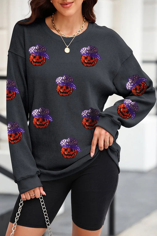 Sequin Pumpkin Long Sleeve Sweatshirt - Black
