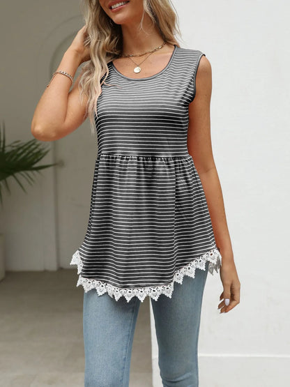 Lace Trim Sleeveless Babydoll Tank Top - Black