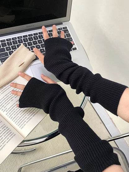 Knitted Arm Warmer Gloves - Black One Size