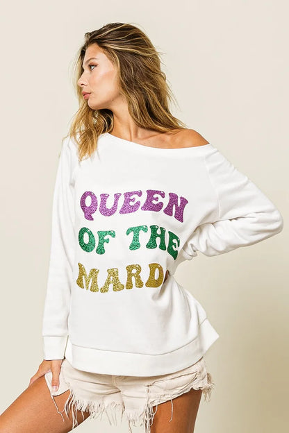 BiBi Queen Of Mardi Glitter Print Mardi Gras Sweatshirt -
