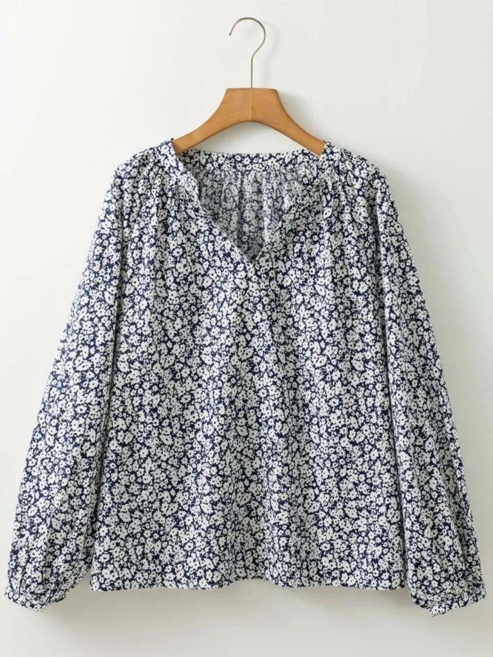 Floral Print Notched Long Sleeve Blouse -