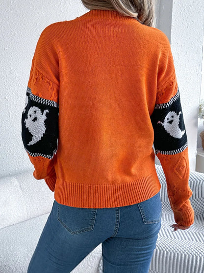 Ghost Round Neck Long Sleeve Sweater - Orange