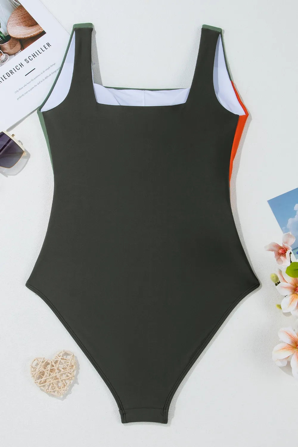 Color Block Padded Square Neck One Piece Swimsuit -