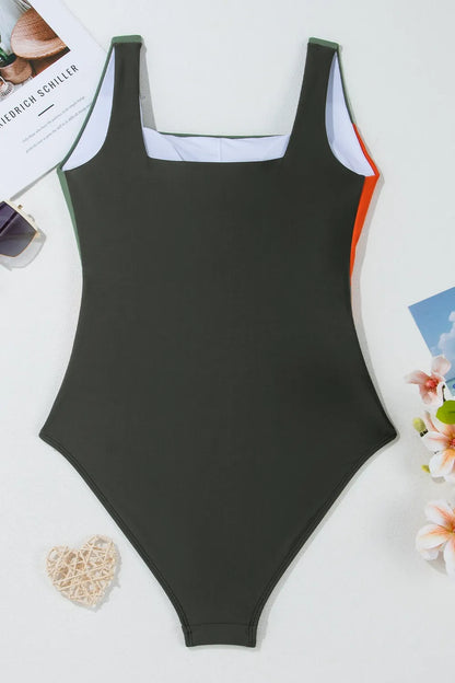 Color Block Padded Square Neck One Piece Swimsuit -