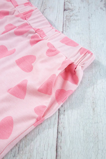 Heart Print Long Sleeve Top and Shorts Lounge Set -