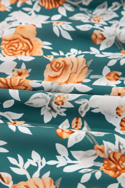 Floral Print Trimmed V-Neck Tie Waist Dress -