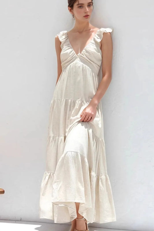 Ruffled V-Neck Tiered Dress - White