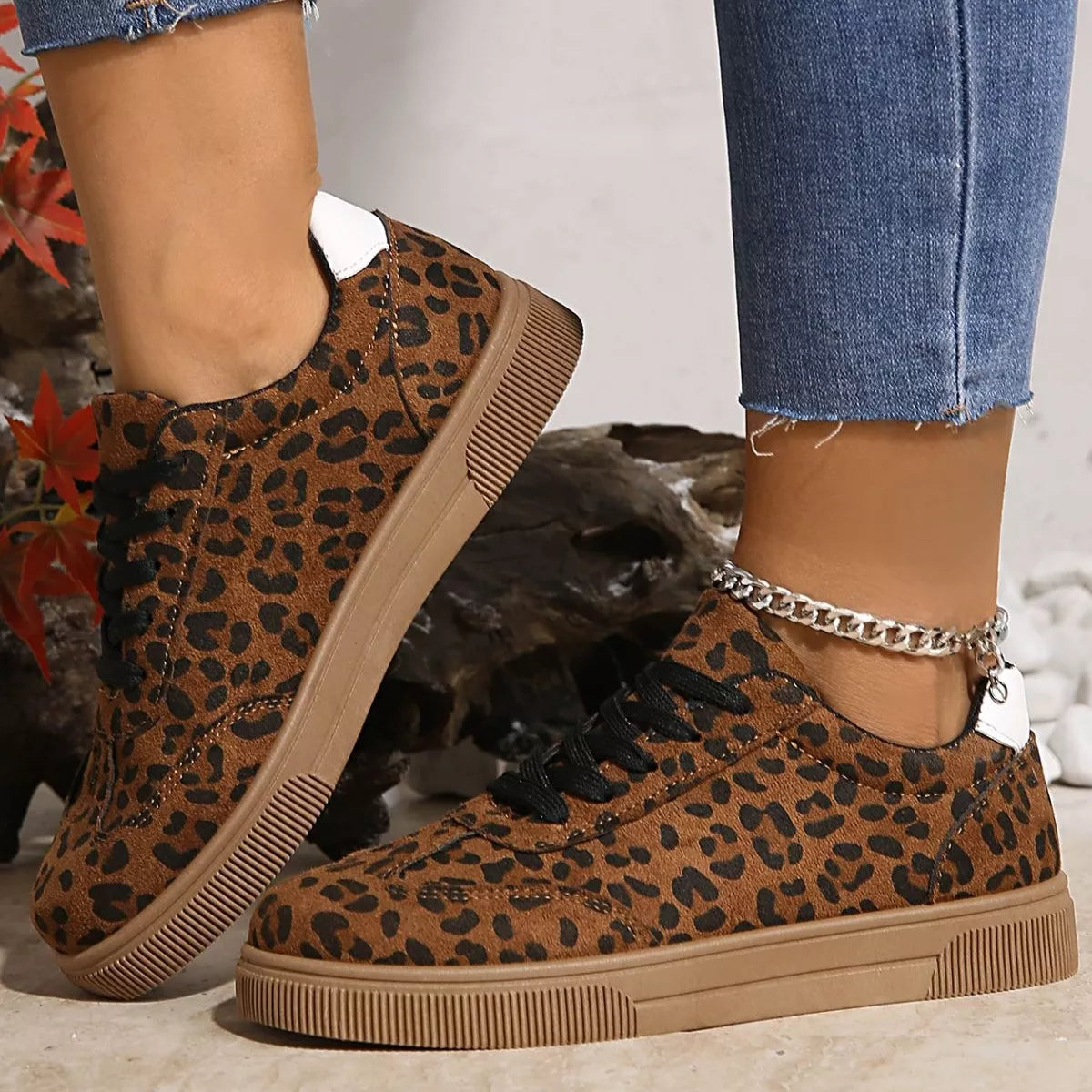 Leopard Lace Up Sneakers -