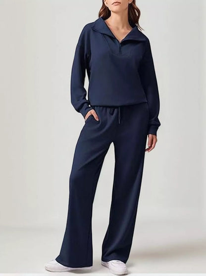 Relaxed Fit Quarter-Zip Top and Pants Set - Dark Blue