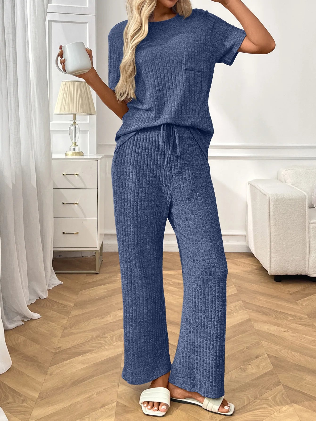 Ribbed Knit Short Sleeve Top and Pants Lounge Set -