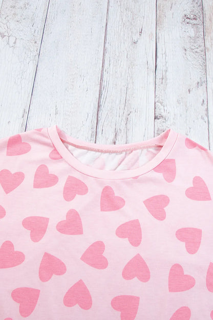 Heart Print Long Sleeve Top and Shorts Lounge Set -