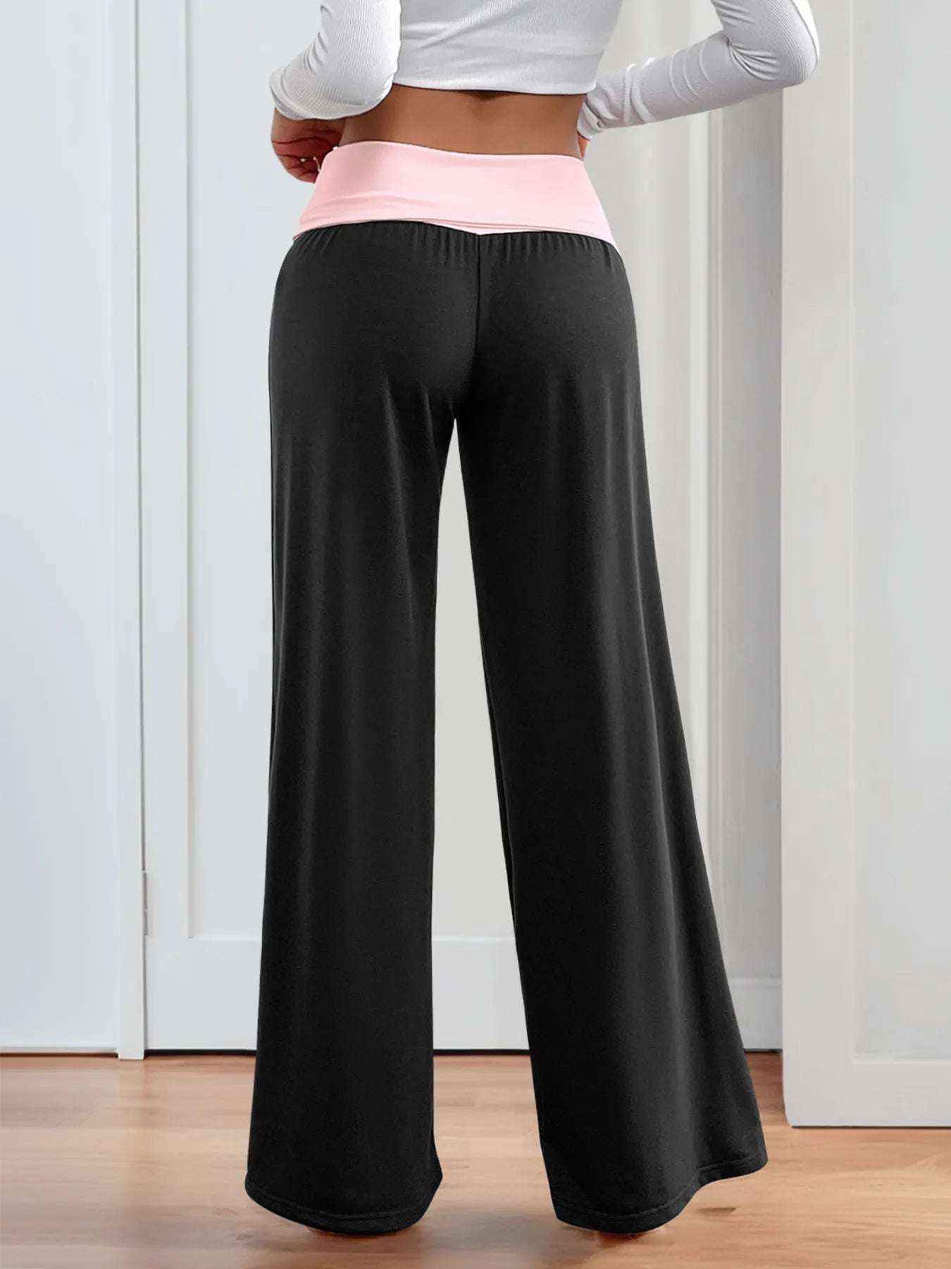 Contrast Waistband Wide Leg Pants -
