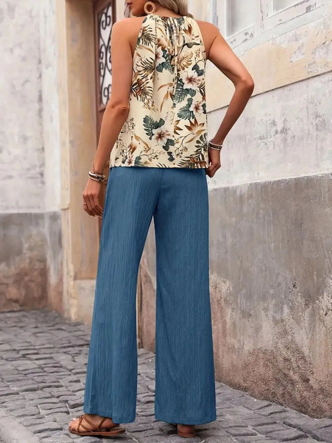 Printed Tank Top and Wide Leg Pants Set -