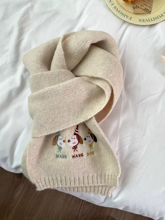 Embroidered Dog Plush Scarf - Off-white One Size