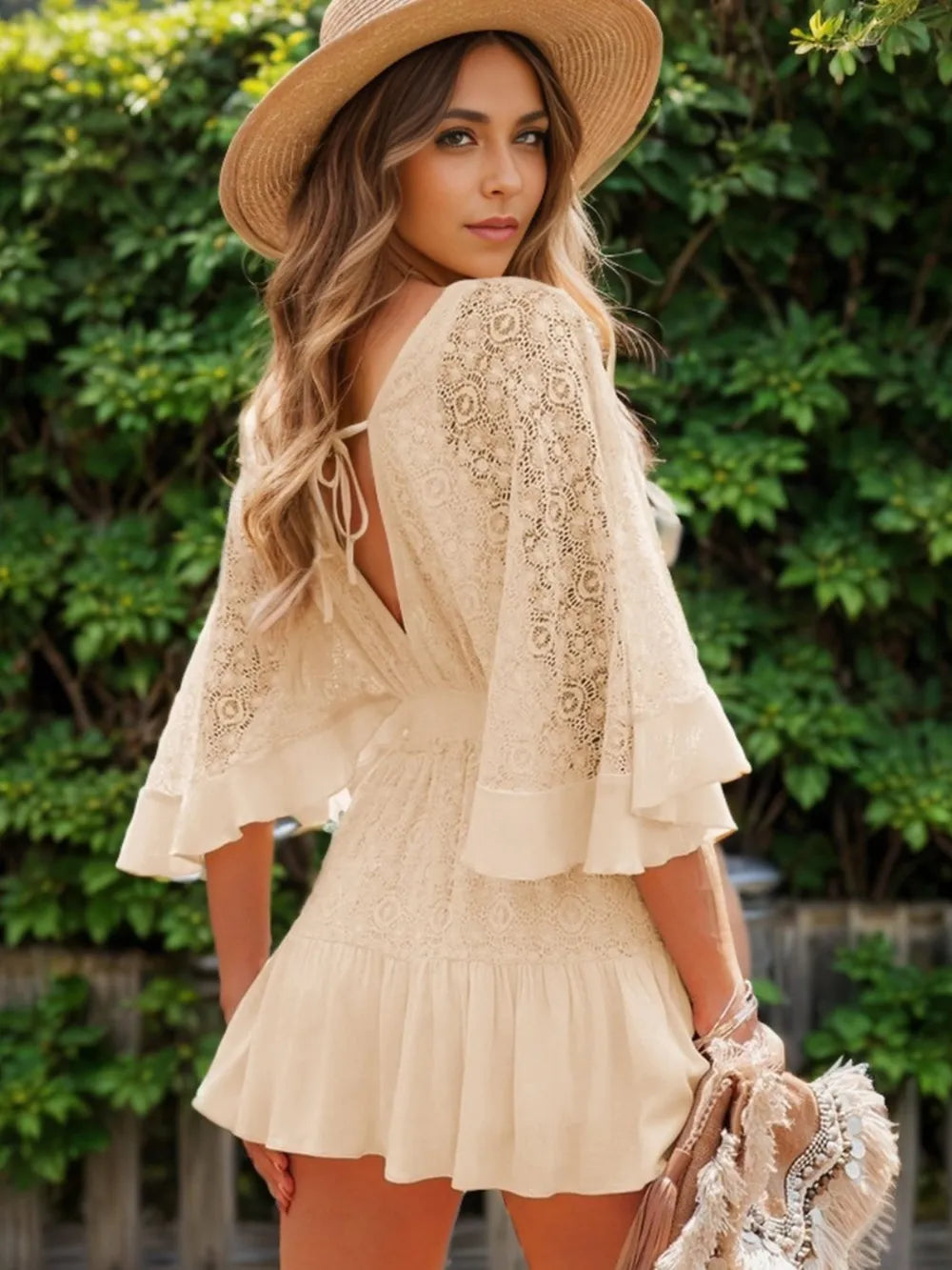 Ruffle Hem Tie Back Lace Mini Dress - Cream