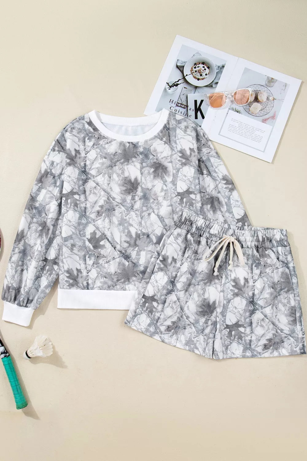 Abstract Camo Print Baggy Pullover Shorts Set -