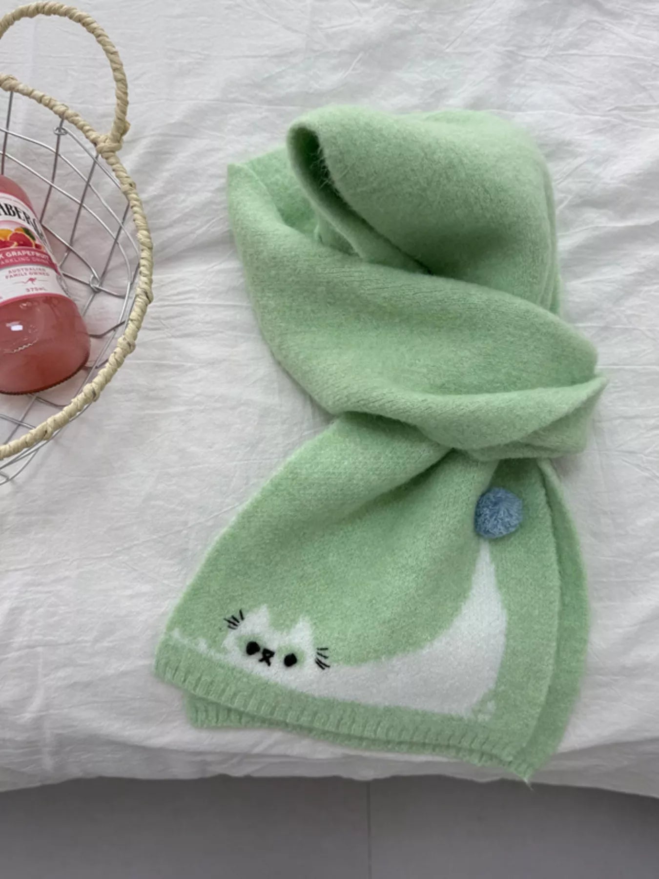 Cute Cat Knitted Scarf - Green One Size