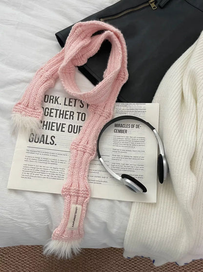Knitted Plush Trim Scarf - Pink One Size