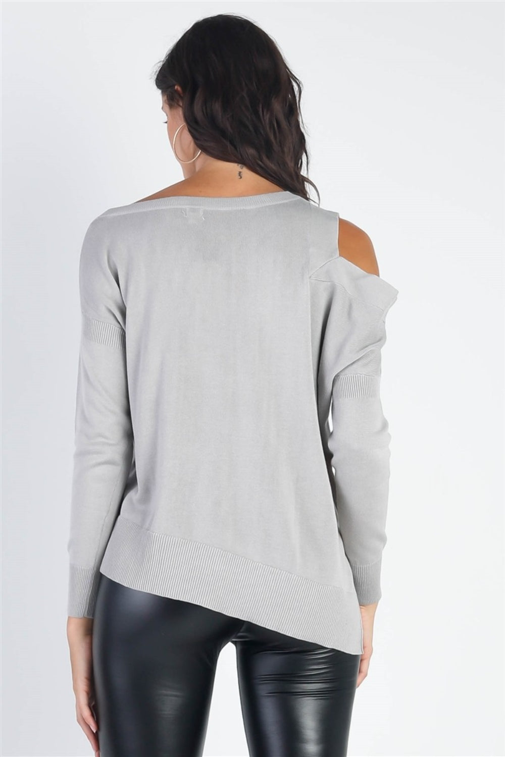 UNIQ Cold Shoulder Long Sleeve Knit Top - Light Gray