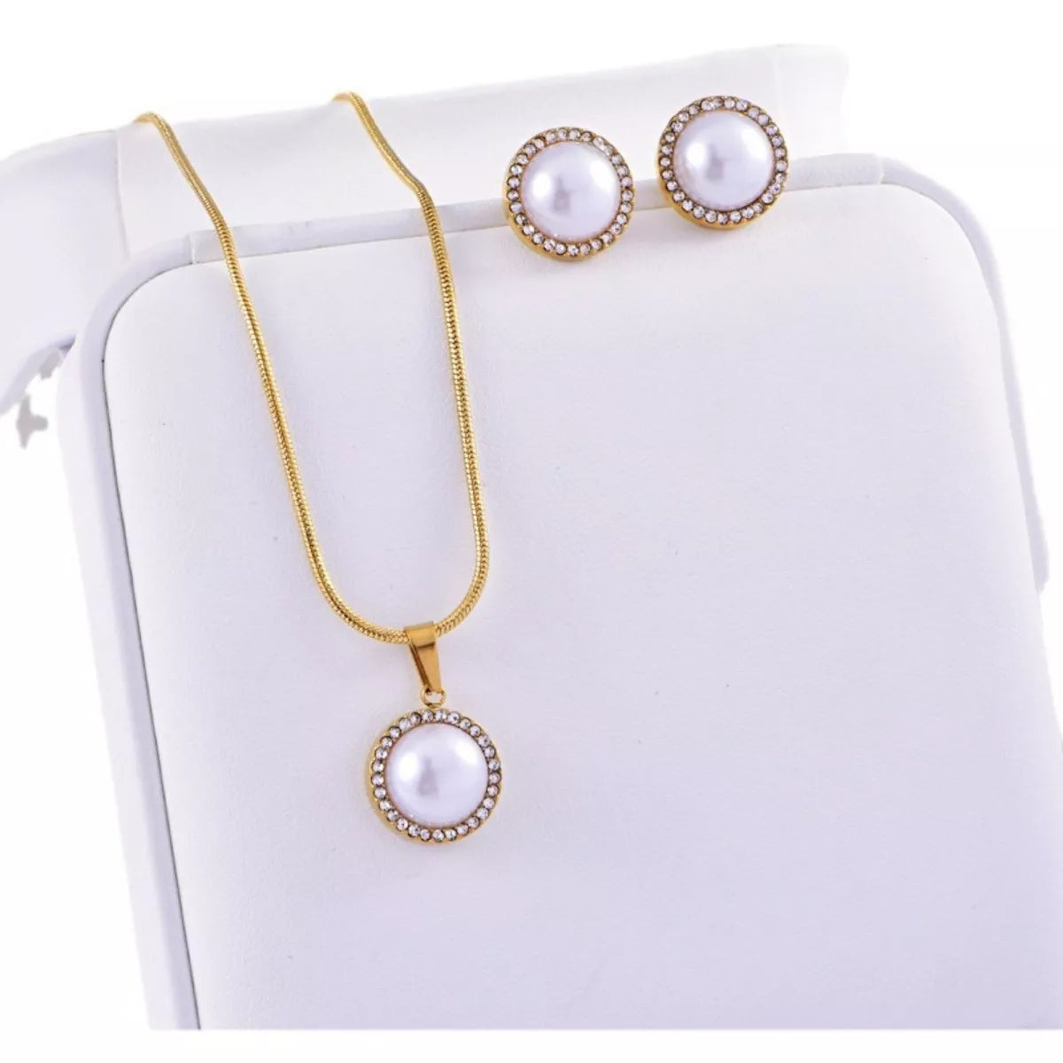 Synthetic Pearl Rhinestone Necklace and Earrings Jewelry Set -