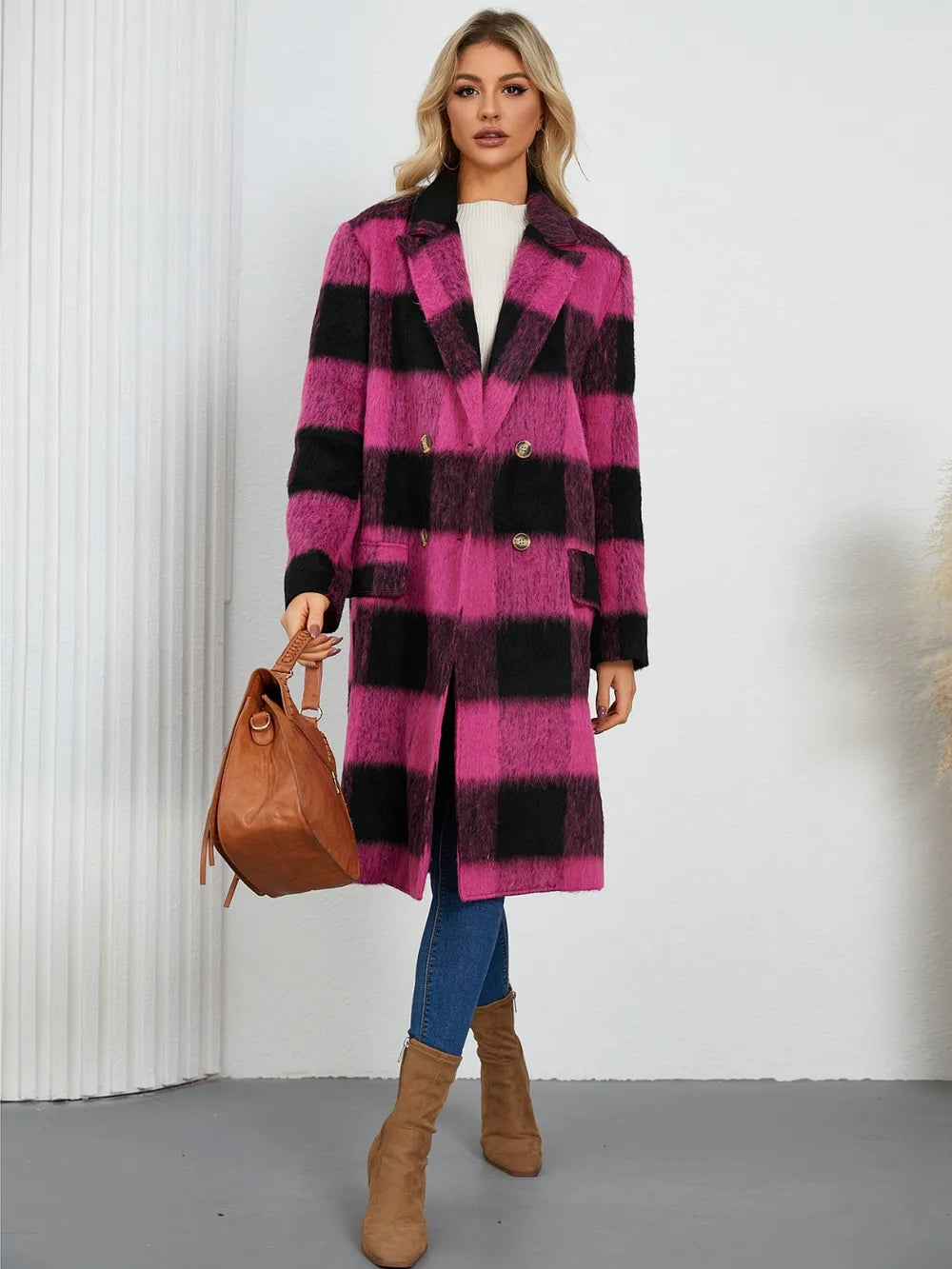 Plaid Double-Breasted Long Sleeve Coat - Hot Pink