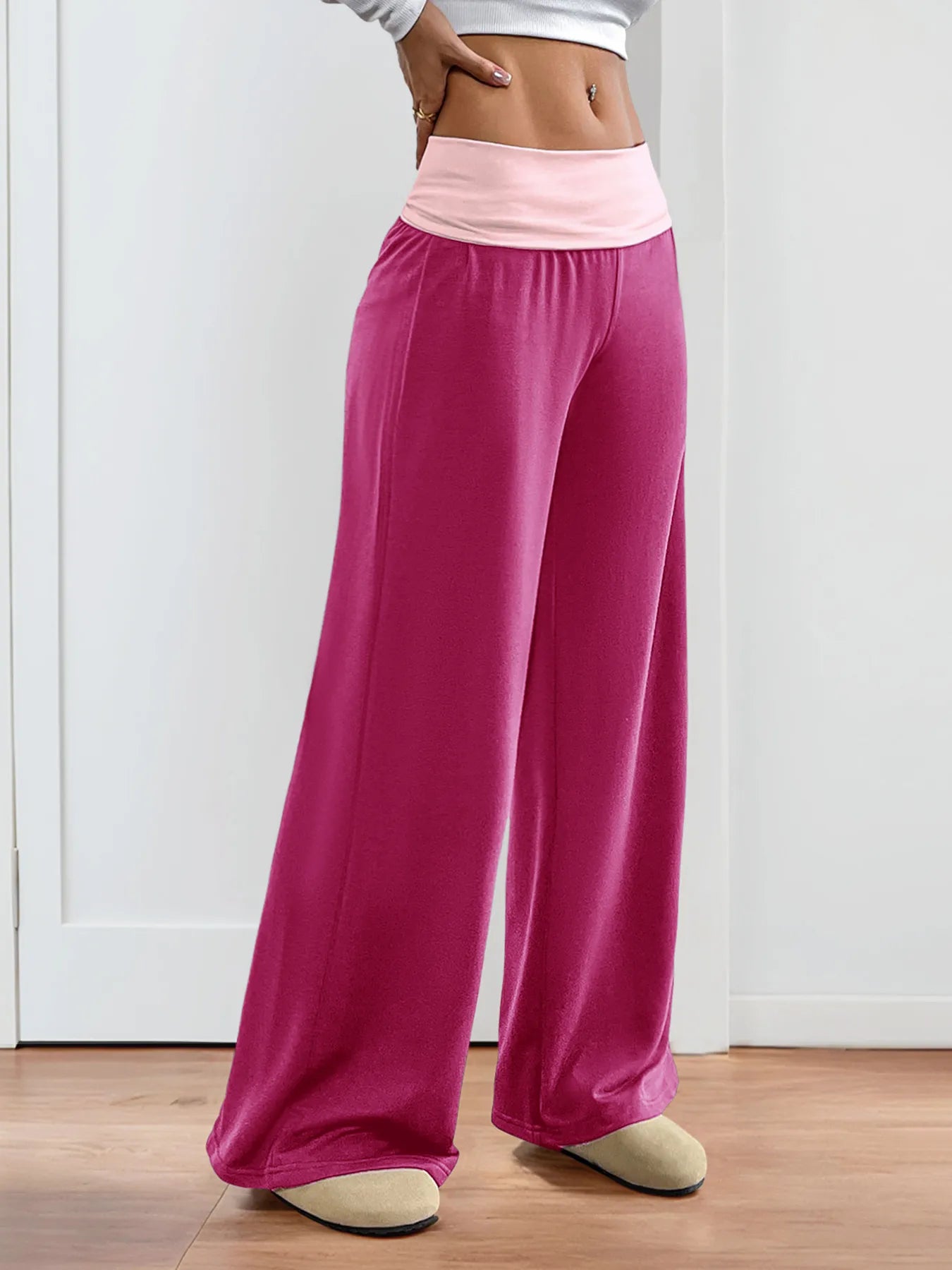 Contrast Waistband Wide Leg Pants -