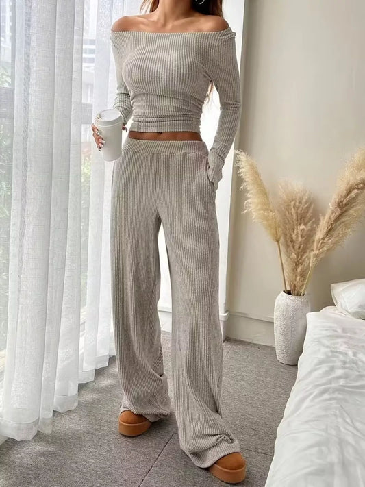 Ribbed Knit Boat Neck Top and Pants Set - Khaki
