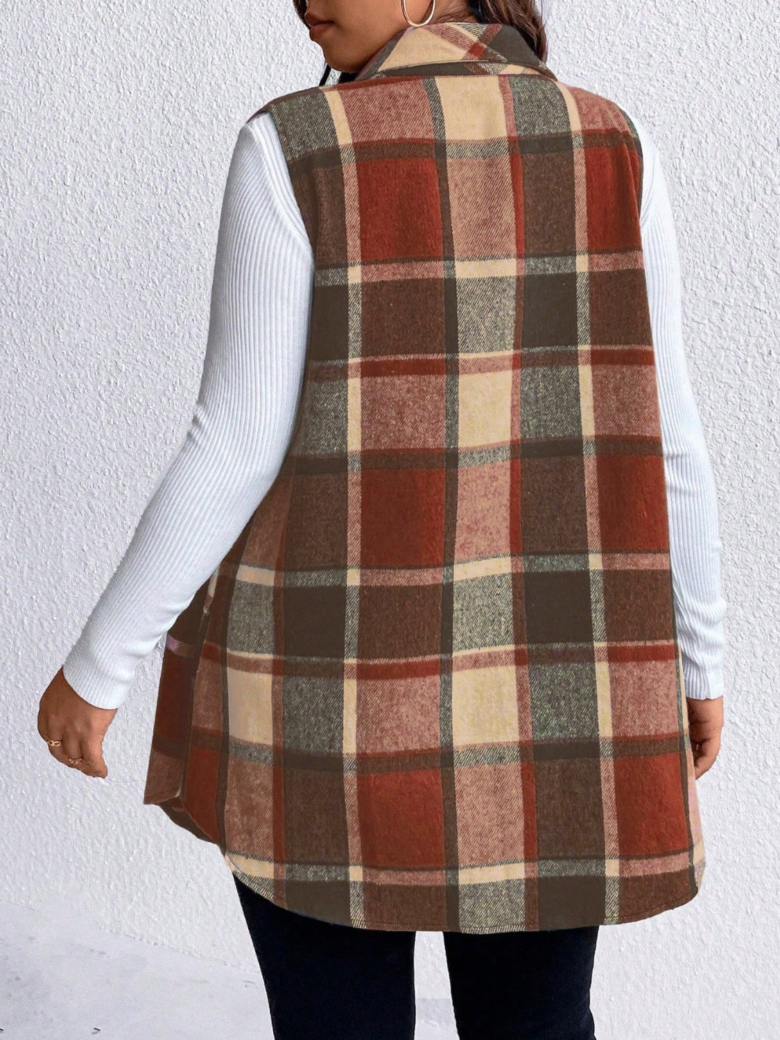 Plus Size Pocketed Plaid Button Up Vest Coat - Brown