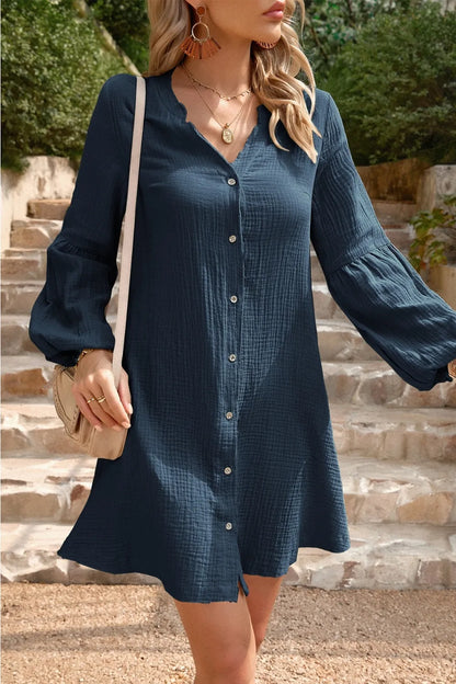 Devine Notched Balloon Sleeve Mini Dress -