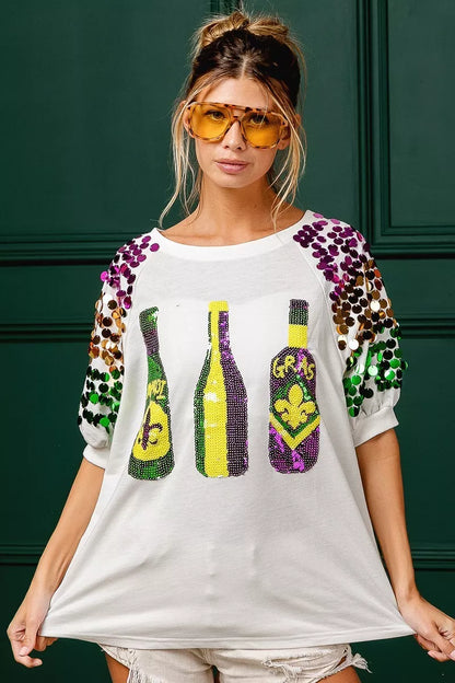 Sequin Mardi Gras Bottles Spangled Sleeve Top -