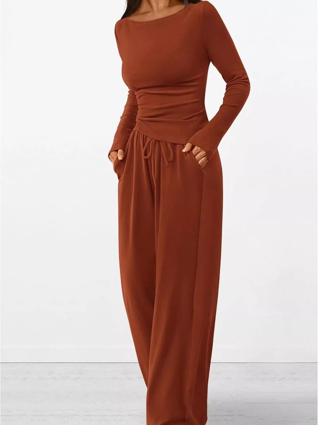 Long Sleeve Top and Wide Leg Pants Set -