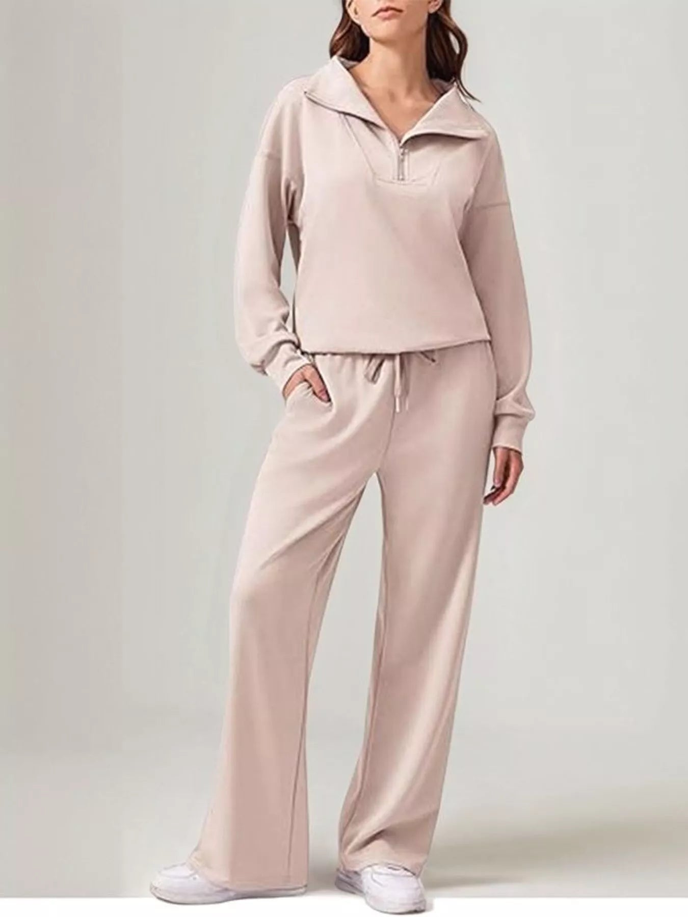 Relaxed Fit Quarter-Zip Top and Pants Set - Apricot