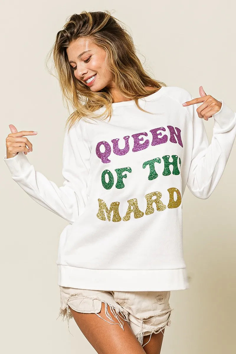BiBi Queen Of Mardi Glitter Print Mardi Gras Sweatshirt -