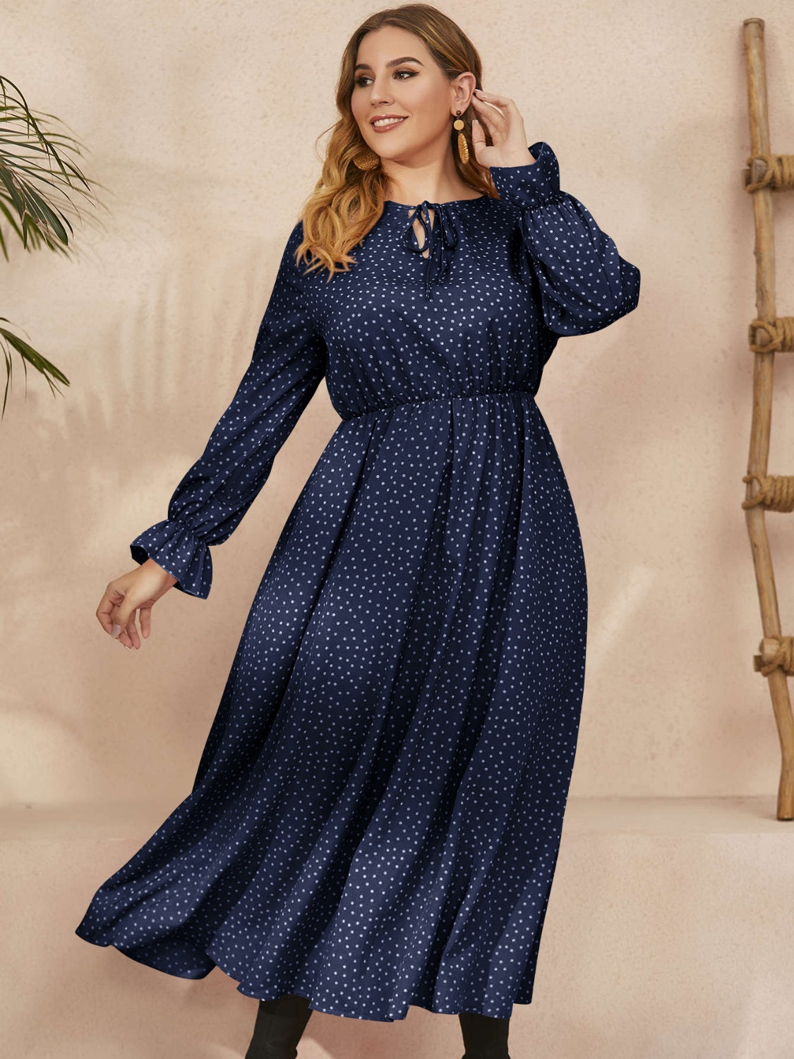 Plus Size Ruffled Polka Dot Long Sleeve Midi Dress - Navy