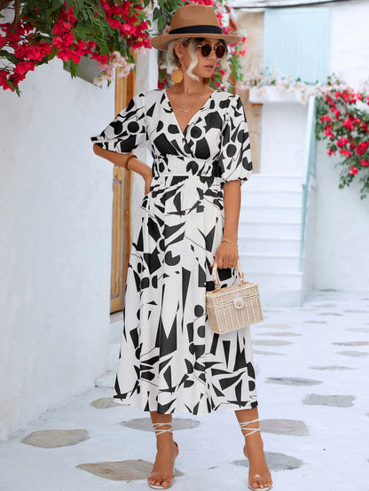 Printed Surplice Balloon Sleeve Dress | AdoreStarr