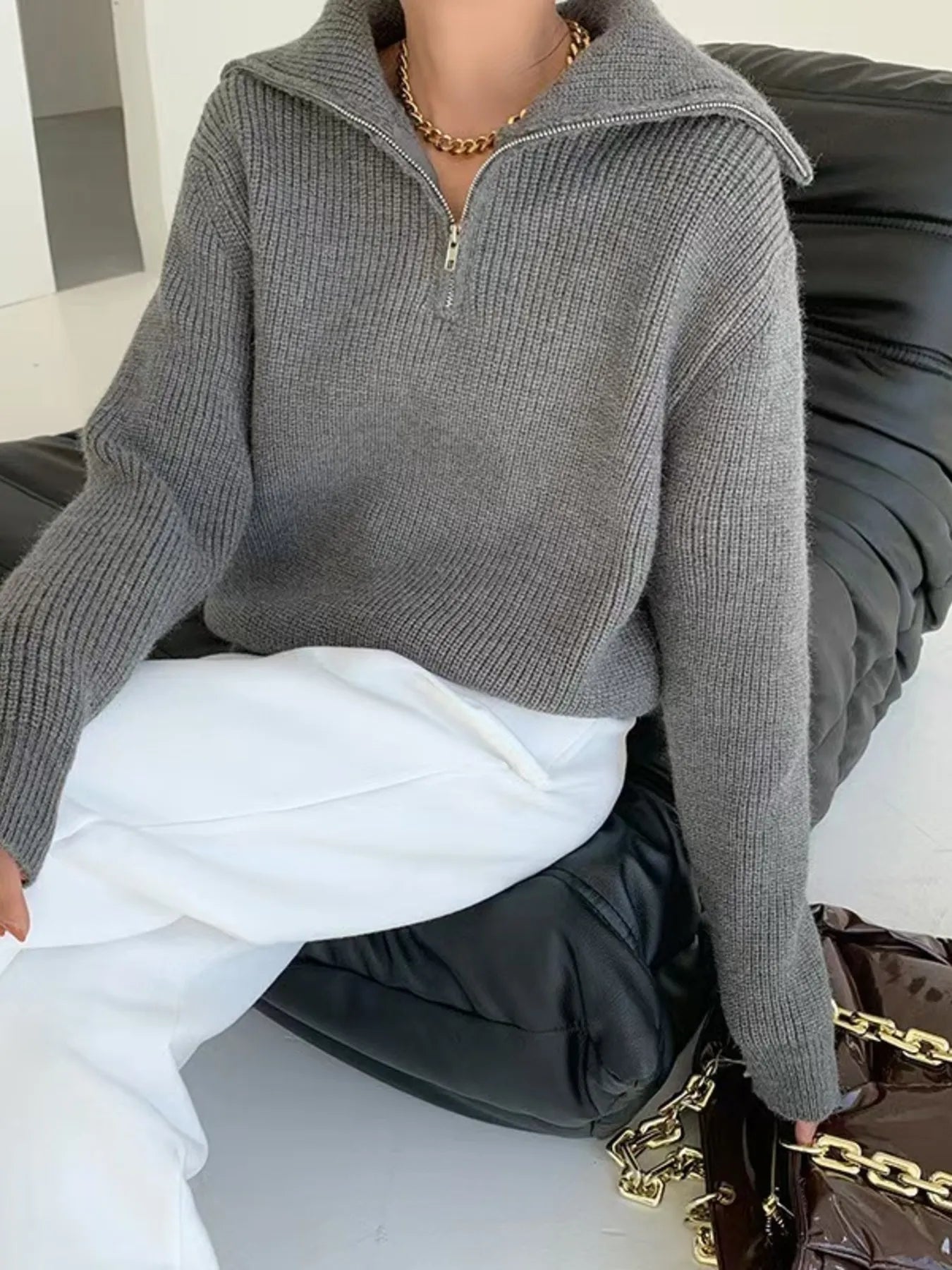 Half-Zip Long Sleeve Sweater - Dark Gray