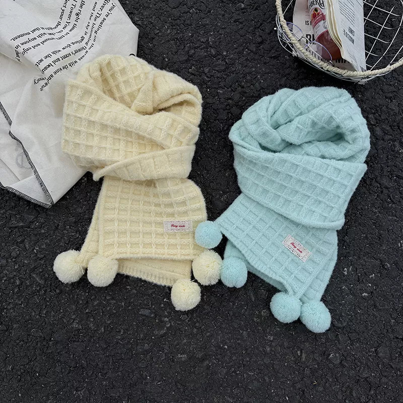 Waffle Knit Pom-Pom Scarf -
