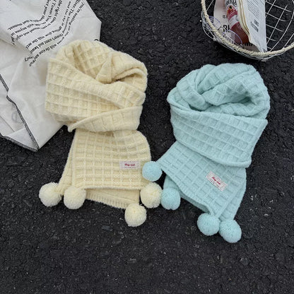 Waffle Knit Pom-Pom Scarf -