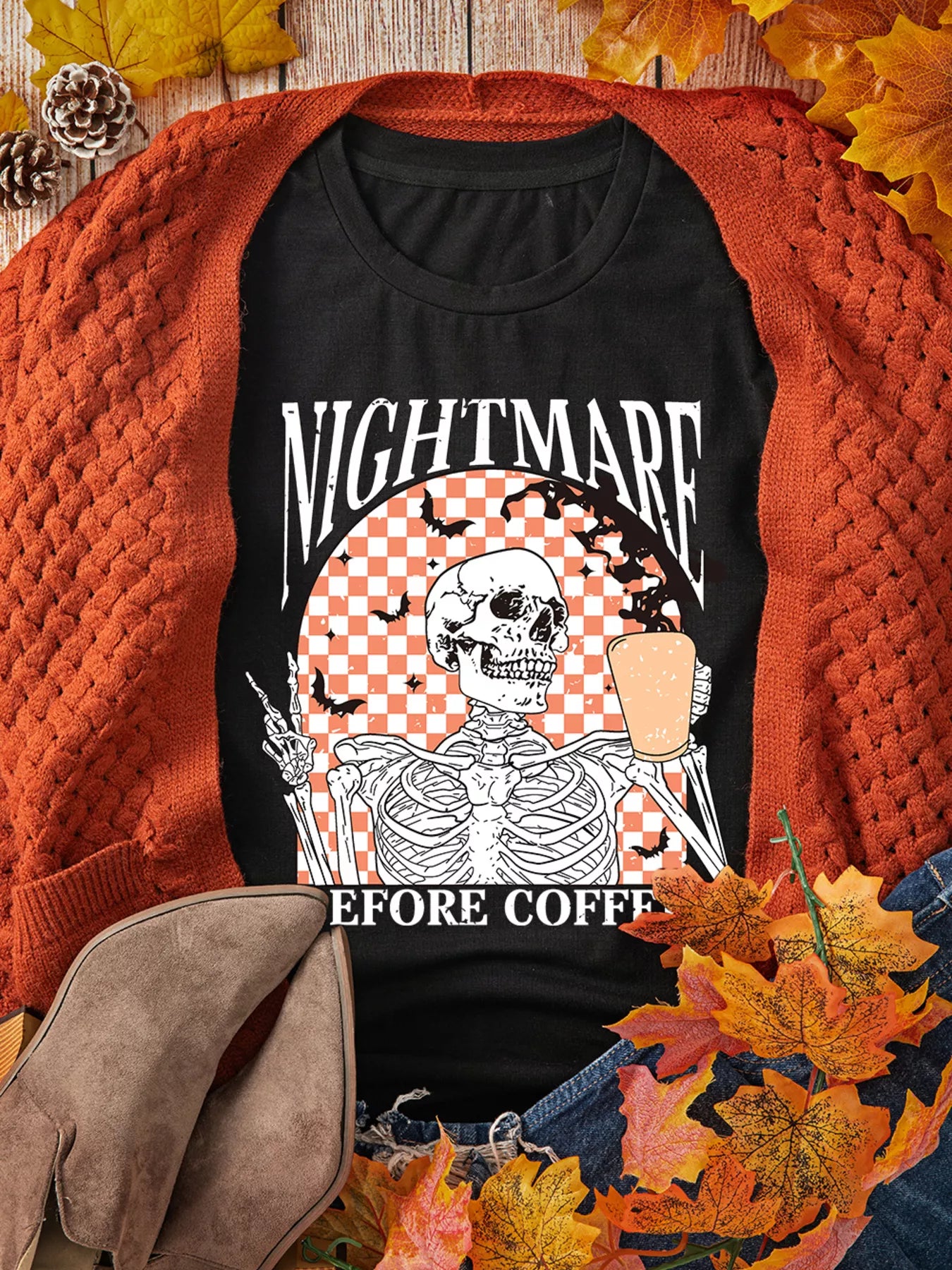 Skull Checkerboard Graphic Round Neck T-Shirt -