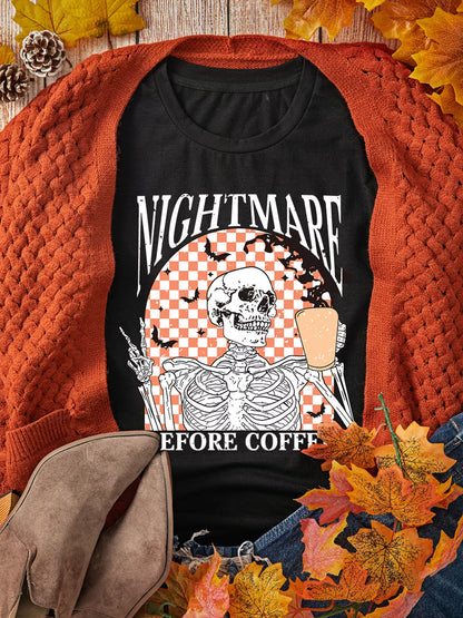 Skull Checkerboard Graphic Round Neck T-Shirt -