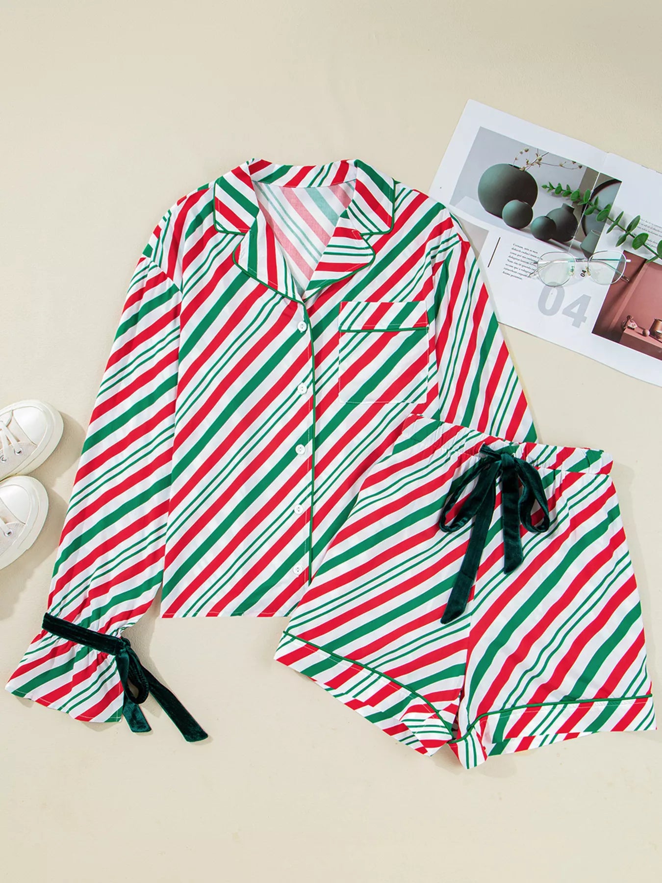 Stripe Contrast Velvet Ribbon Knot Pajama Set -