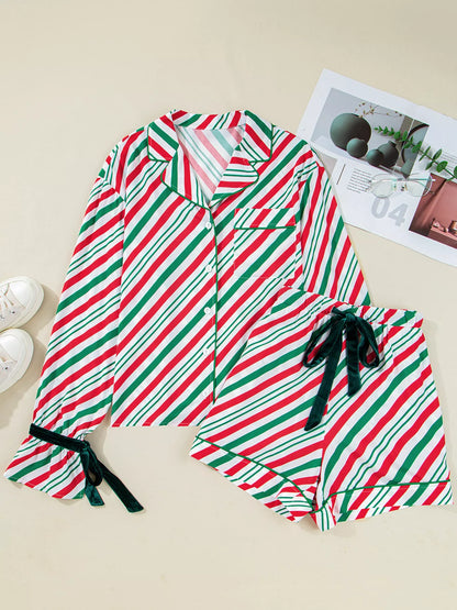 Stripe Contrast Velvet Ribbon Knot Pajama Set -