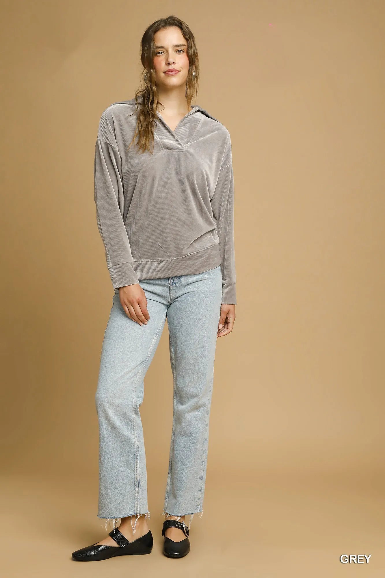 Soft Thermal Collared Long Sleeve Top - Grey