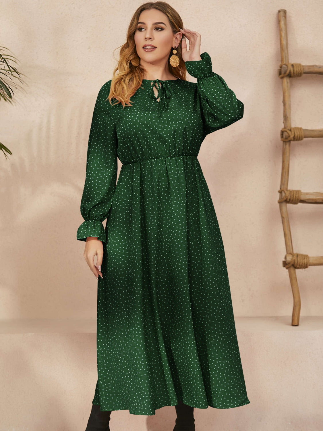 Plus Size Ruffled Polka Dot Long Sleeve Midi Dress - Dark Green