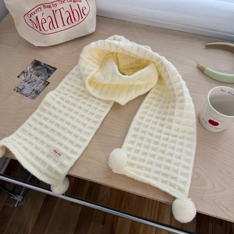 Waffle Knit Pom-Pom Scarf -